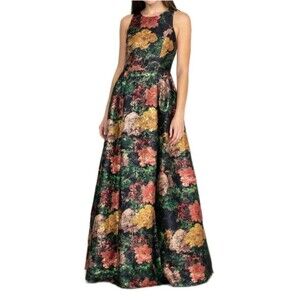 Johnny Was Bayani Jaquard Maxi Dress Floral Bedazzled Metallic Dress Gown Sz 12